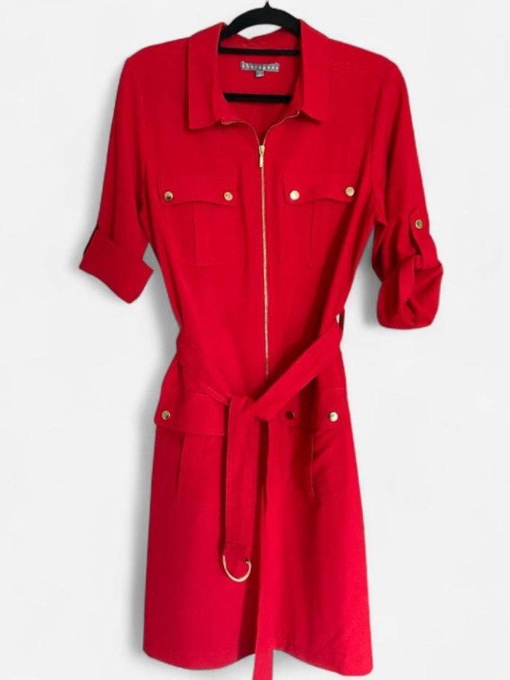 Sharagano Red Zip-Front Utility Shirt Dress with Belt and Pockets